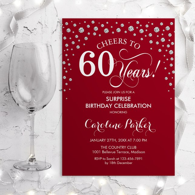 Surprise 60th Birthday Party - Red Silver Invitation (Creator Uploaded)