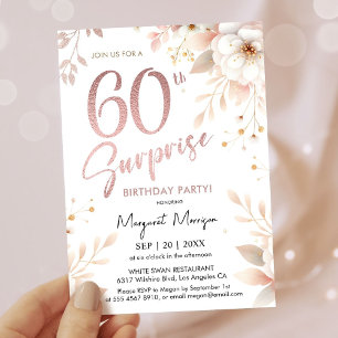 Surprise 60th Birthday Party Rose Gold Girl Floral Invitation