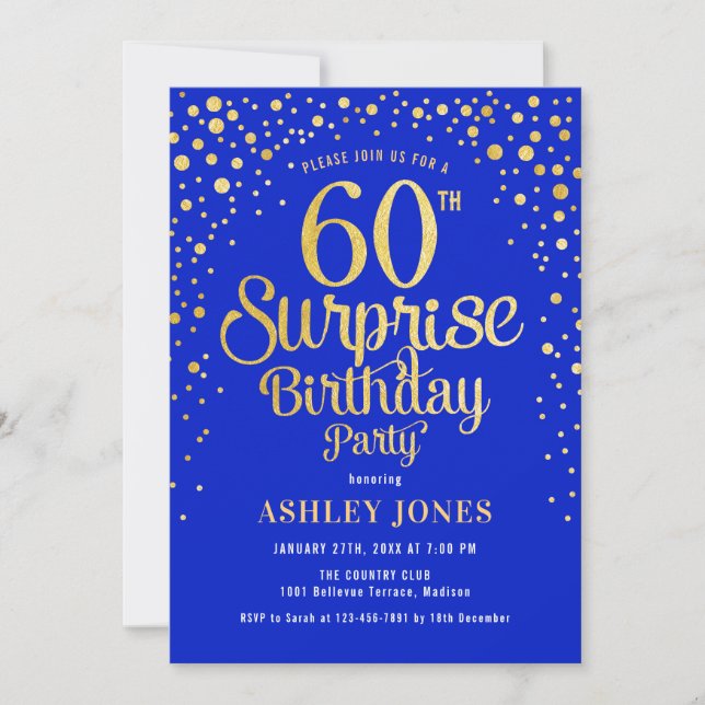 Surprise 60th Birthday Party - Royal Blue & Gold Invitation (Front)