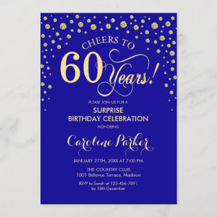 Surprise 60th Birthday Party - Royal Blue Gold Invitation