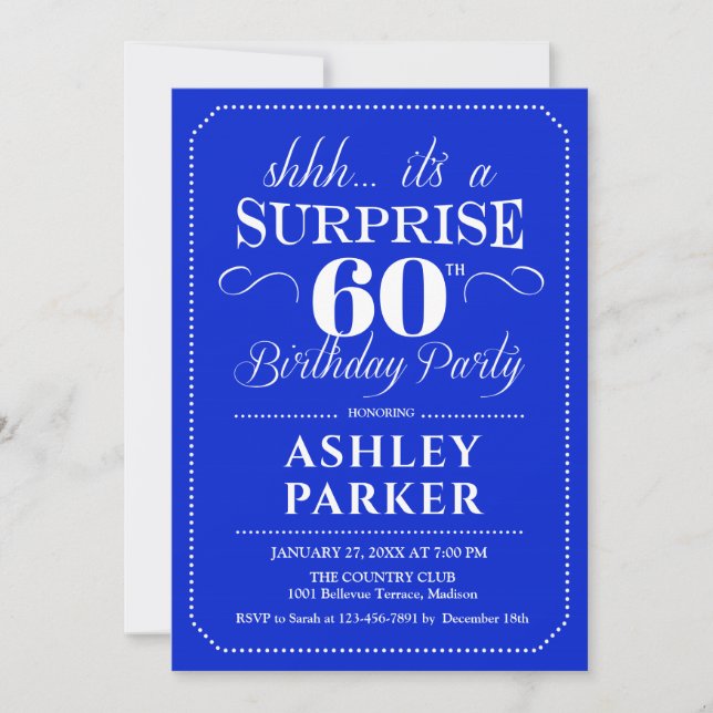 Surprise 60th Birthday Party - Royal Blue White Invitation (Front)