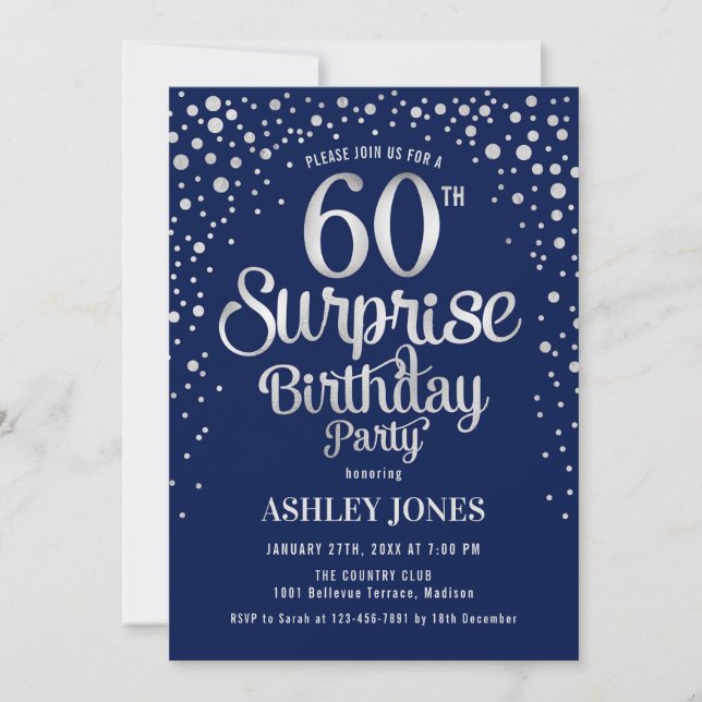 Surprise 60th Birthday Party - Silver & Navy Blue Invitation (Front)