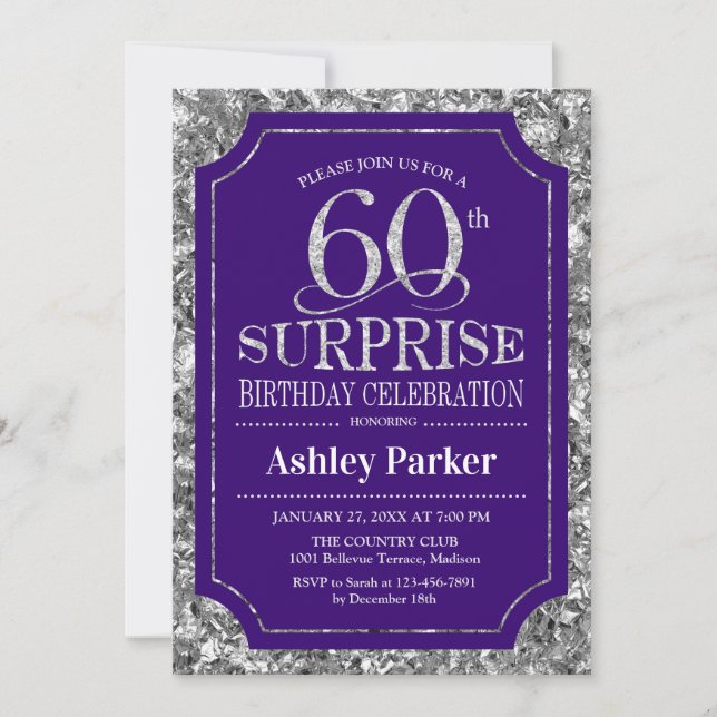 Surprise 60th Birthday Party - Silver Purple Invitation (Front)