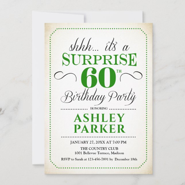Surprise 60th Birthday Party - White Green Invitation (Front)