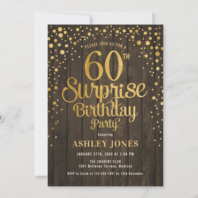 Surprise 60th Birthday Party - Wood & Gold Invitation (Front)