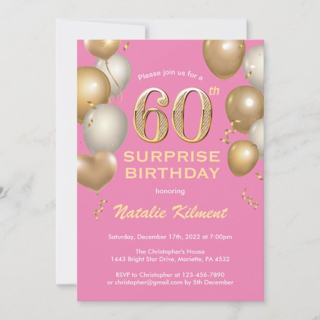 Surprise 60th Birthday Pink and Gold Balloons Invitation (Front)