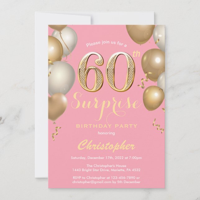 Surprise 60th Birthday Pink and Gold Balloons Invitation (Front)