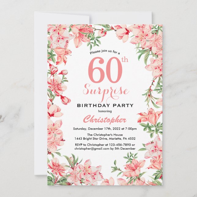 Surprise 60th Birthday Pink Boho Botanical Floral Invitation (Front)