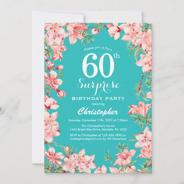 Surprise 60th Birthday Pink Floral Flowers Teal Invitation (Front)