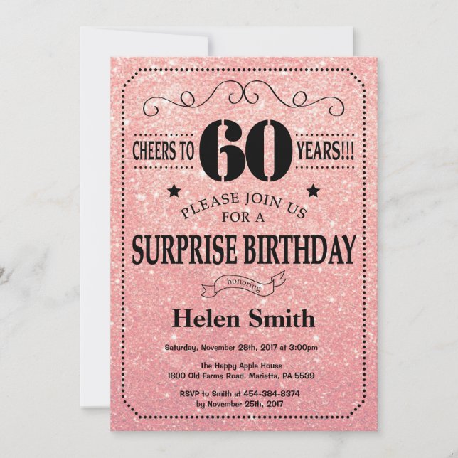 Surprise 60th Birthday Pink Rose Gold Glitter Invitation (Front)