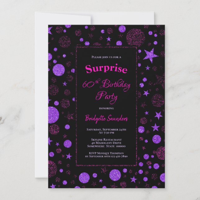 Surprise 60th Birthday Purple and Black Party Invitation (Front)