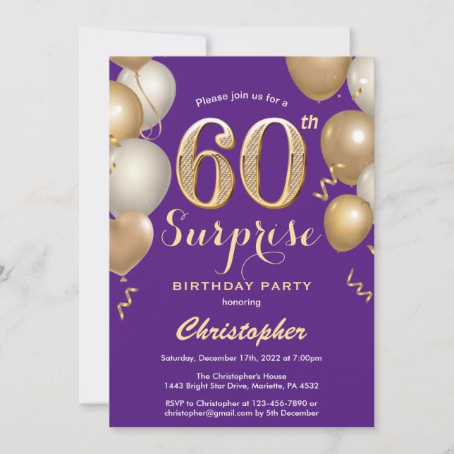 Surprise 60th Birthday Purple and Gold Balloons Invitation (Front)