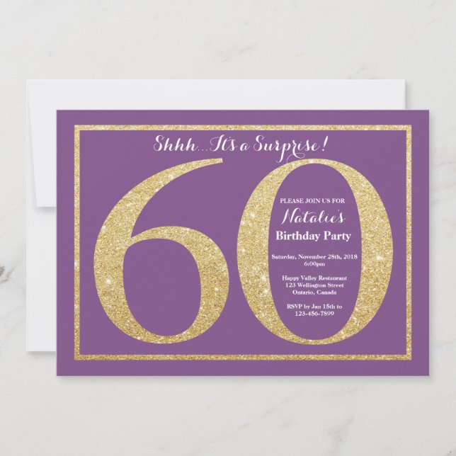 Surprise 60th Birthday Purple and Gold Glitter Invitation (Front)