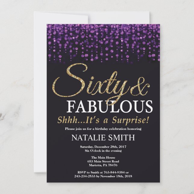 Surprise 60th Birthday Purple and Gold Glitter Invitation (Front)