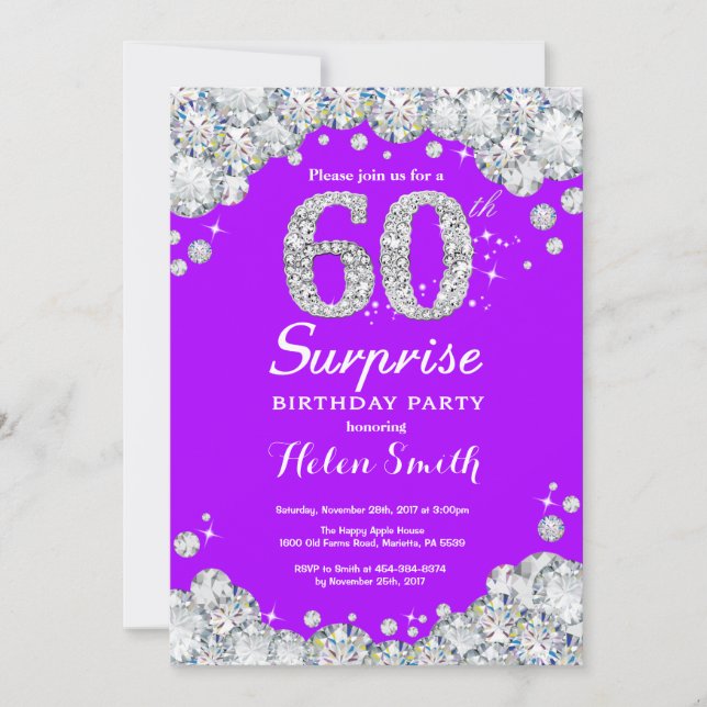 Surprise 60th Birthday Purple and Silver Diamond Invitation (Front)