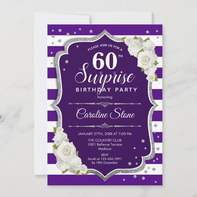 Surprise 60th Birthday - Purple Silver White Invitation (Front)