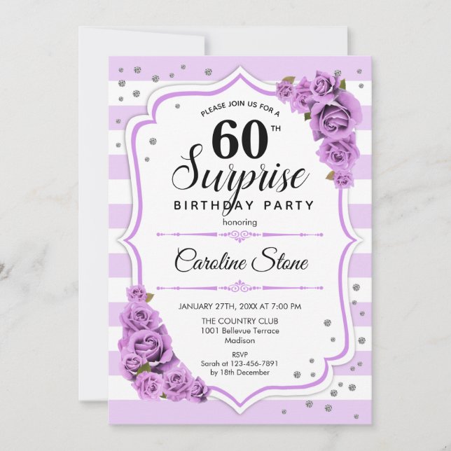 Surprise 60th Birthday - Purple White Invitation (Front)