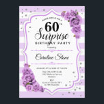 Surprise 60th Birthday - Purple White Invitation<br><div class="desc">Surprise 60th Birthday Invitation.
Feminine white,  lavender lilac design. Features stripes,  pastel purple roses,  script font and confetti. Perfect for an elegant birthday party. Can be personalized to show any age. Message me if you need further customization.</div>
