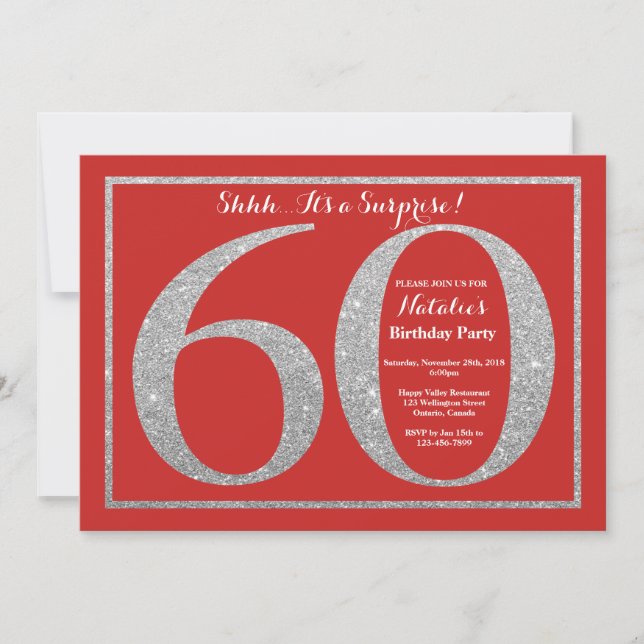 Surprise 60th Birthday Red and Silver Glitter Invitation (Front)