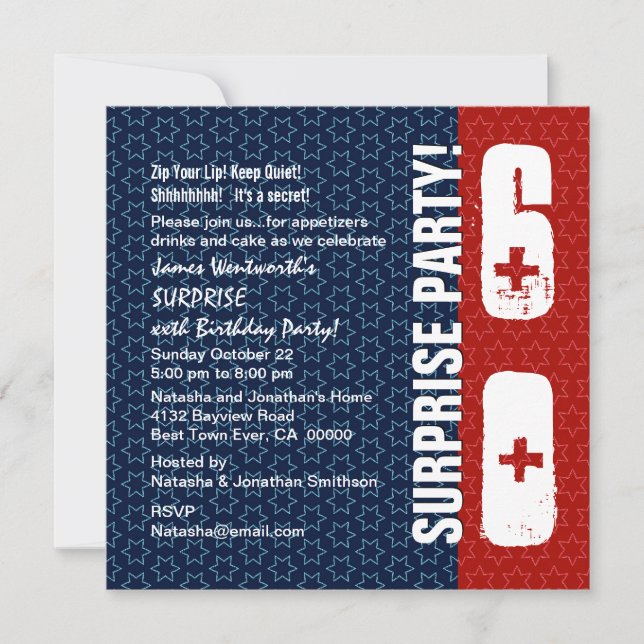 SURPRISE 60th Birthday Red White Blue Stars Invitation (Front)
