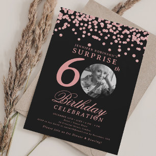 SURPRISE 60th Birthday Rose Gold Confetti Black Invitation