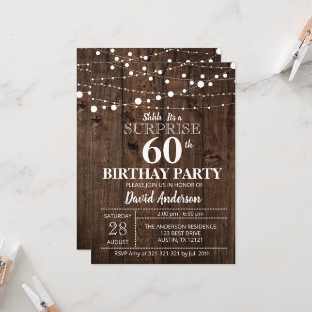 Surprise 60th Birthday Rustic Invitation (Front/Back In Situ)