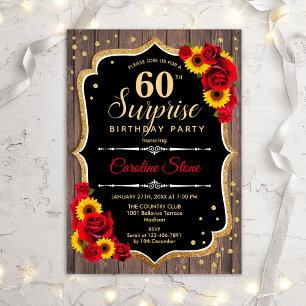 Surprise 60th Birthday - Rustic Wood Sunflowers Invitation