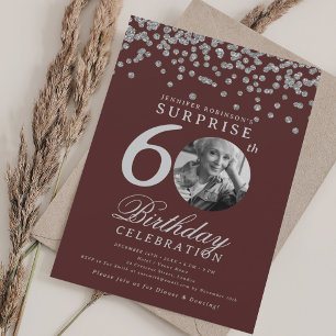 SURPRISE 60th Birthday Silver Confetti Burgundy Invitation
