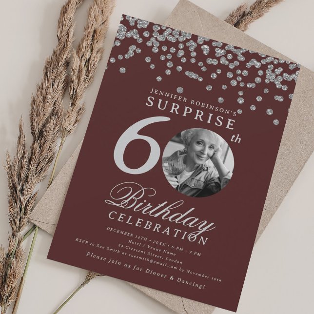 SURPRISE 60th Birthday Silver Confetti Burgundy  Invitation (SURPRISE 60th Birthday Silver Confetti Burgundy Invitation)