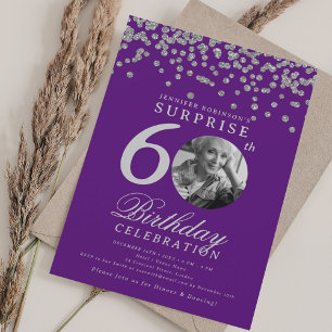 SURPRISE 60th Birthday Silver Confetti Purple  Invitation