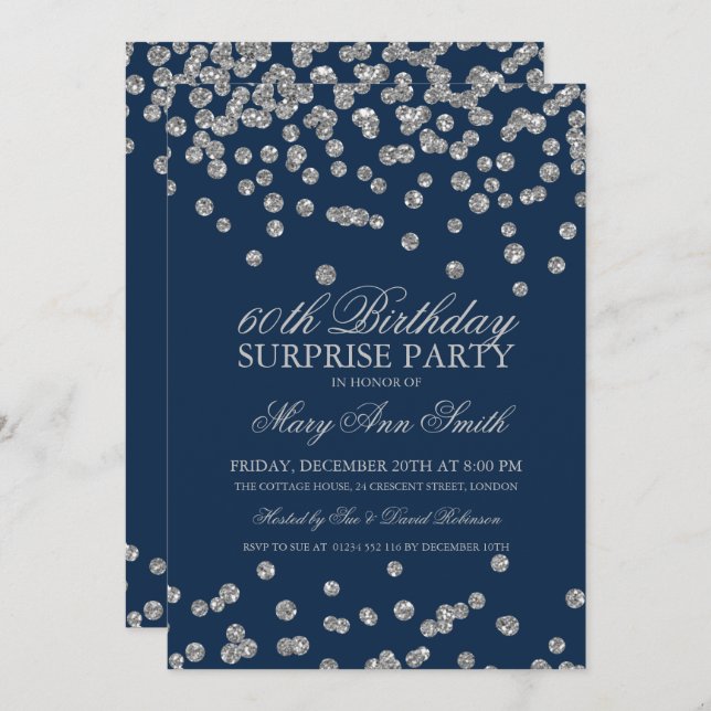 Surprise 60th Birthday Silver Glitter Navy Blue Invitation (Front/Back)
