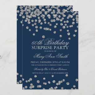 Surprise 60th Birthday Silver Glitter Navy Blue Invitation
