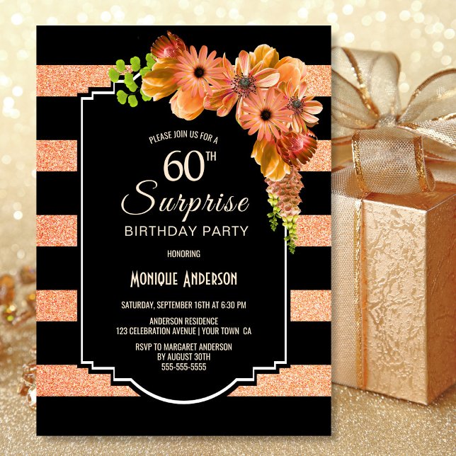 Surprise 60th Birthday Striped Coral Floral Invitation (Creator Uploaded)