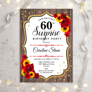 Surprise 60th Birthday - Sunflowers Rustic Wood Invitation
