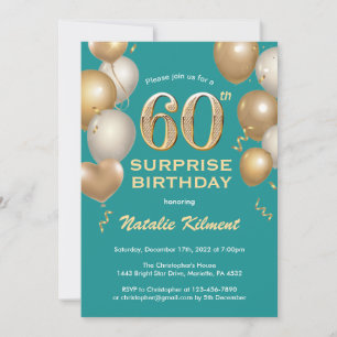 Surprise 60th Birthday Teal and Gold Balloons Invitation