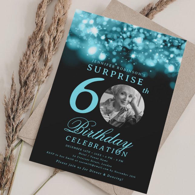 SURPRISE 60th Birthday Turquoise Midnight Glam  Invitation (SURPRISE 60th Birthday Turquoise Midnight Glam Invitation)