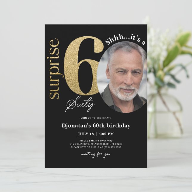 Surprise 60th Black Gold Birthday Invitation Photo (Standing Front)