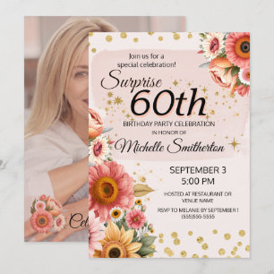 Surprise 60th Blush Peach Floral Gold Photo Invitation