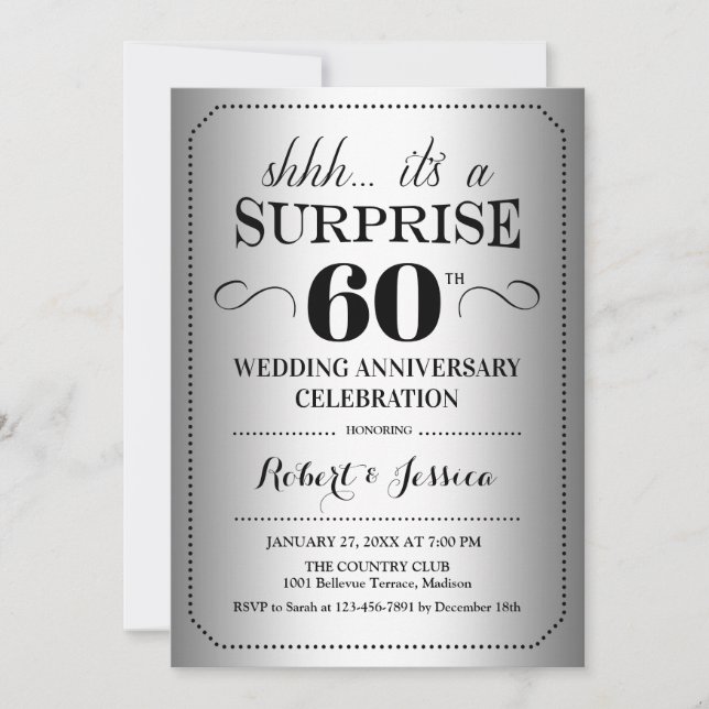 Surprise 60th Wedding Anniversary - Silver Black Invitation (Front)