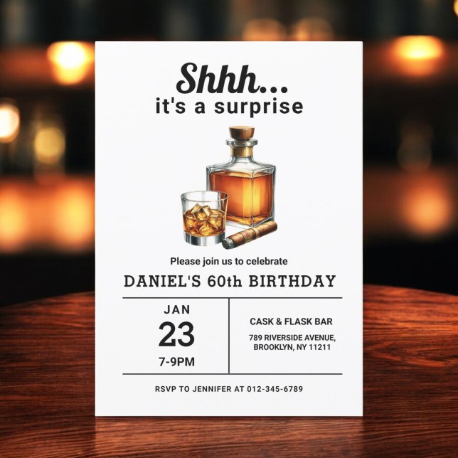 Surprise 60th Whiskey Cigar Bourbon Birthday Party Invitation (Creator Uploaded)