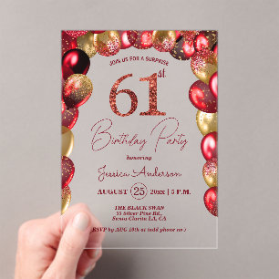 Surprise 61st Birthday Party Gold Burgundy Glitter Acrylic Invitations