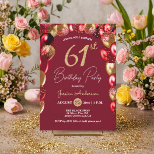 Surprise 61st Birthday Party Gold Burgundy Glitter Invitation
