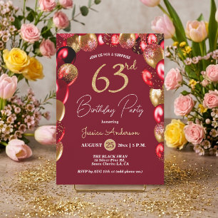 Surprise 63rd Birthday Party Gold Burgundy Glitter Invitation
