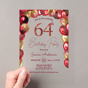 Surprise 64th Birthday Party Gold Burgundy Glitter Acrylic Invitations