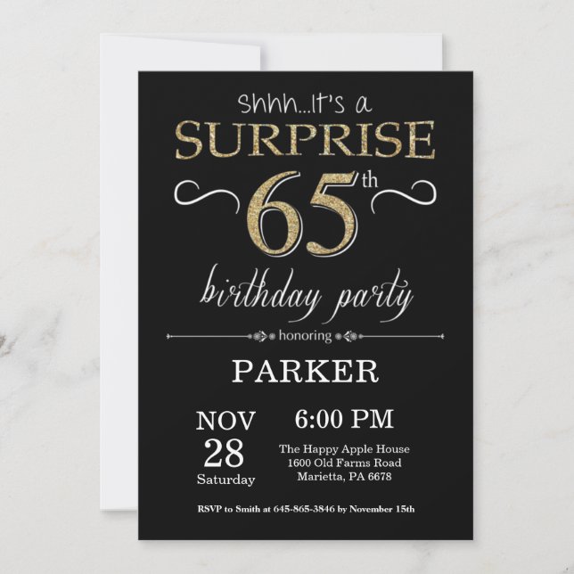 Surprise 65th Birthday Invitation Black and Gold (Front)