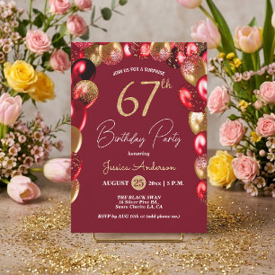 Surprise 67th Birthday Party Gold Burgundy Glitter Invitation