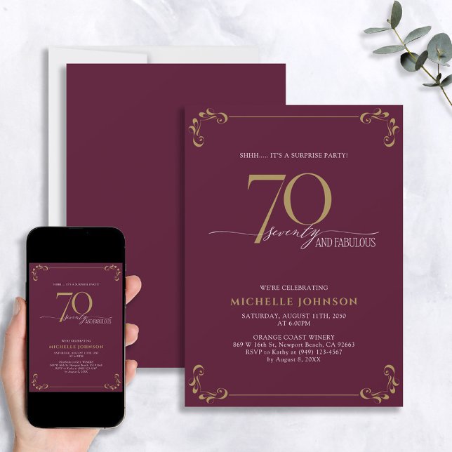 Surprise 70 & Fabulous Burgundy & Gold Birthday Invitation (Creator Uploaded)