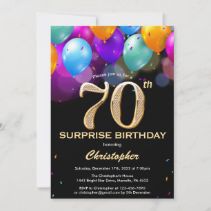 Surprise 70th Birthday Black and Gold Balloons Invitation