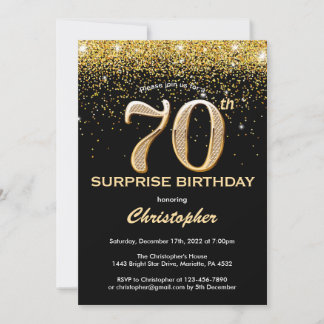 Surprise 70th Birthday Black and Gold Glitter Invitation