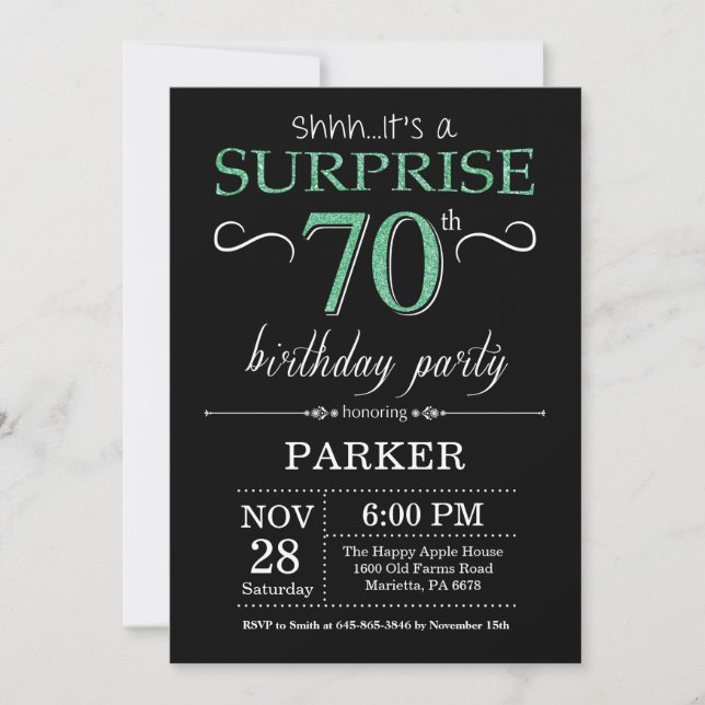 Surprise 70th Birthday Black and Green Glitter Invitation (Front)